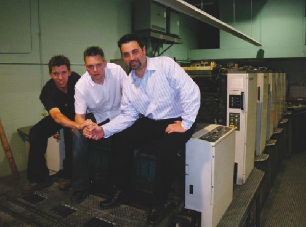 Denis Dufour, first pressman; Yan Paskaryk, supervisor; and Martin Houle, sale director, with Nap-Art&rsquo;s 45th anniversary present 